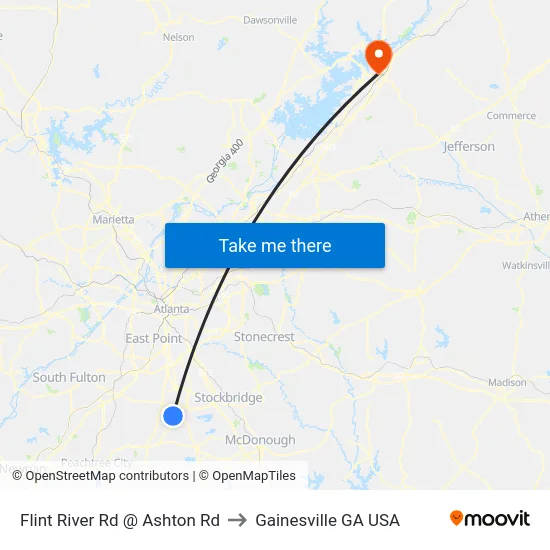Flint River Rd @ Ashton Rd to Gainesville GA USA map