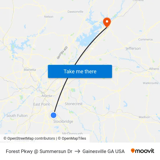 Forest Pkwy @ Summersun Dr to Gainesville GA USA map