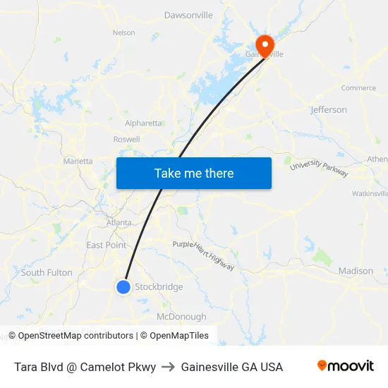 Tara Blvd @ Camelot Pkwy to Gainesville GA USA map