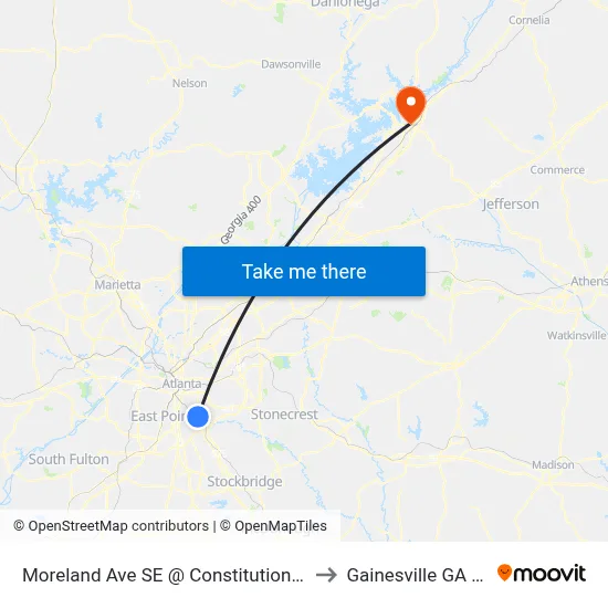 Moreland Ave SE @ Constitution Rd SE to Gainesville GA USA map