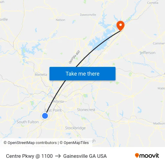 Centre Pkwy @ 1100 to Gainesville GA USA map