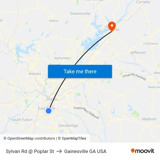 Sylvan Rd @ Poplar St to Gainesville GA USA map