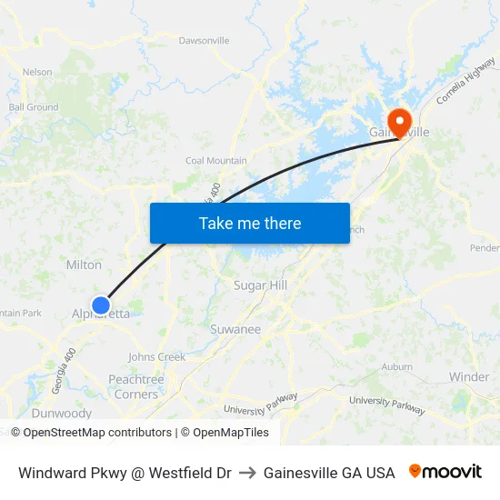 Windward Pkwy @ Westfield Dr to Gainesville GA USA map