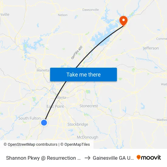 Shannon Pkwy @ Resurrection Way to Gainesville GA USA map