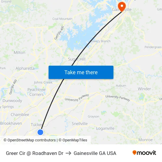 Greer Cir @ Roadhaven Dr to Gainesville GA USA map