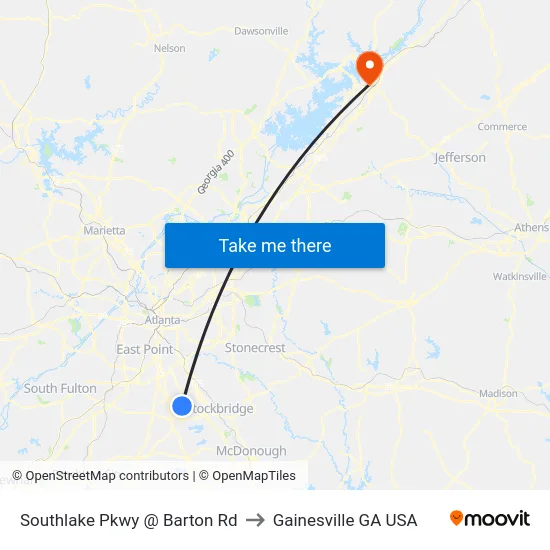 Southlake Pkwy @ Barton Rd to Gainesville GA USA map