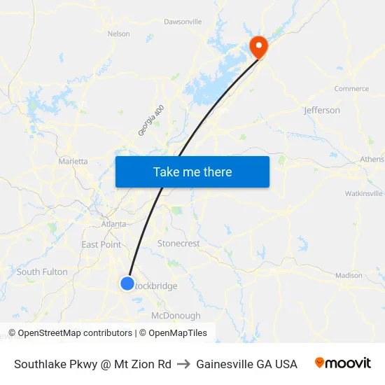 Southlake Pkwy @ Mt Zion Rd to Gainesville GA USA map