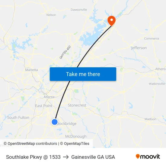 Southlake Pkwy @ 1533 to Gainesville GA USA map