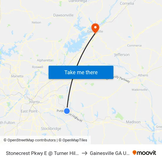 Stonecrest Pkwy E @ Turner Hill Rd to Gainesville GA USA map