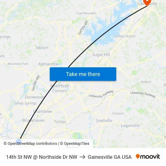 14th St NW @ Northside Dr NW to Gainesville GA USA map