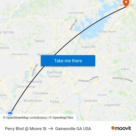 Perry Blvd @ Moore St to Gainesville GA USA map