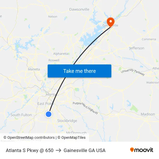 Atlanta S Pkwy @ 650 to Gainesville GA USA map