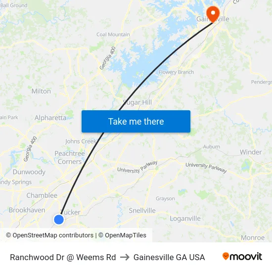Ranchwood Dr @ Weems Rd to Gainesville GA USA map