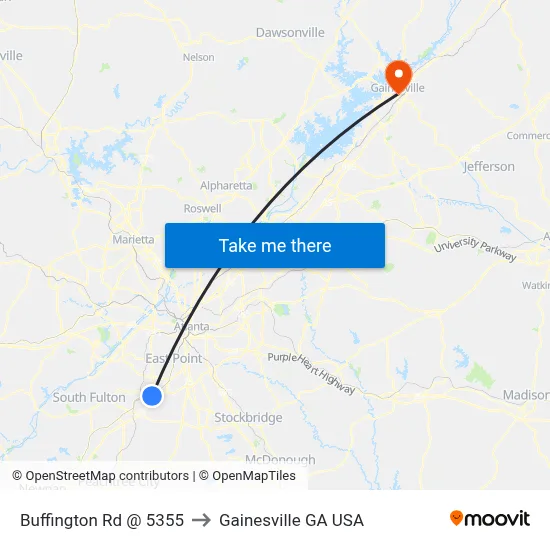 Buffington Rd @ 5355 to Gainesville GA USA map