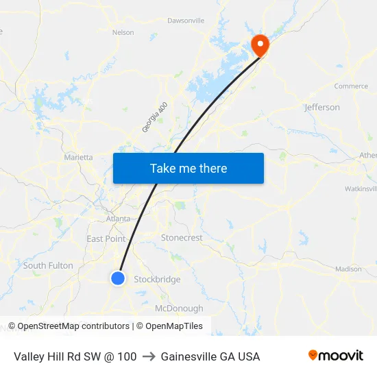 Valley Hill Rd SW @ 100 to Gainesville GA USA map