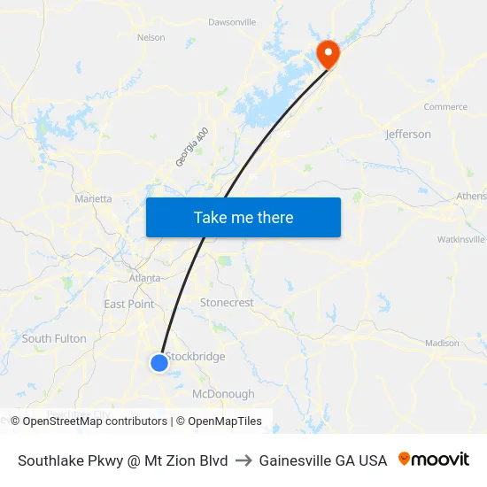 Southlake Pkwy @ Mt Zion Blvd to Gainesville GA USA map