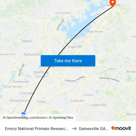 Emory National Primate Research Center to Gainesville GA USA map