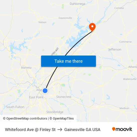 Whitefoord Ave @ Finley St to Gainesville GA USA map