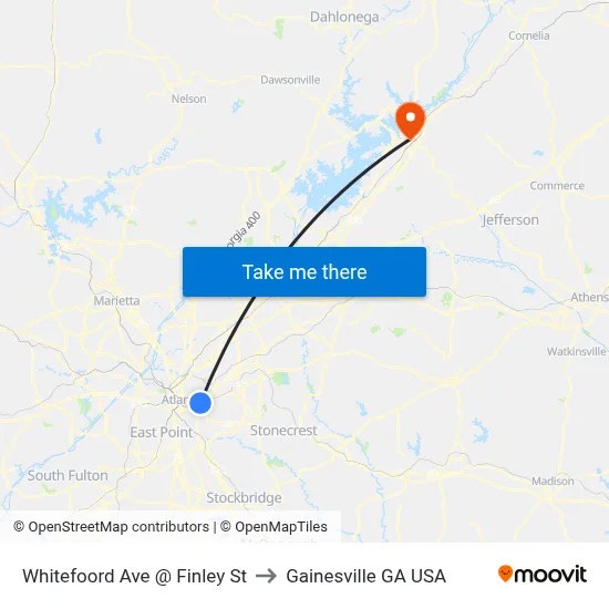Whitefoord Ave @ Finley St to Gainesville GA USA map