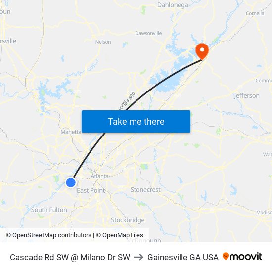 Cascade Rd SW @ Milano Dr SW to Gainesville GA USA map