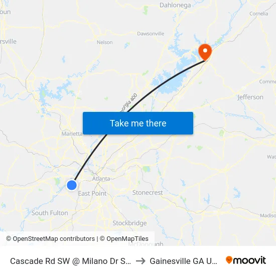 Cascade Rd SW @ Milano Dr SW to Gainesville GA USA map