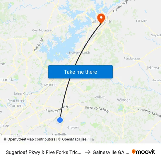 Sugarloaf Pkwy & Five Forks Trickum Rd to Gainesville GA USA map