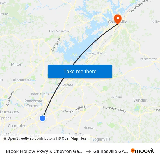 Brook Hollow Pkwy & Chevron Gas Station to Gainesville GA USA map