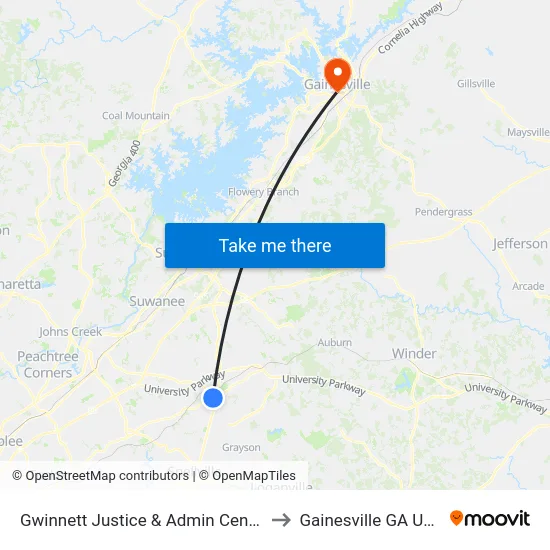 Gwinnett Justice & Admin Center to Gainesville GA USA map
