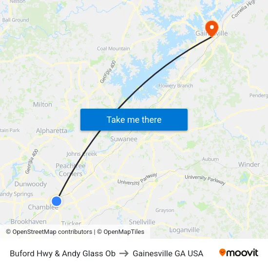 Buford Hwy & Andy Glass Ob to Gainesville GA USA map