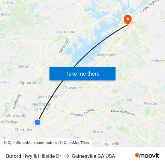 Buford Hwy & Hillside Dr to Gainesville GA USA map