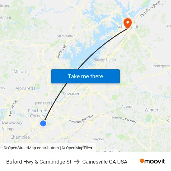 Buford Hwy & Cambridge St to Gainesville GA USA map