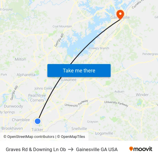 Graves Rd & Downing Ln Ob to Gainesville GA USA map