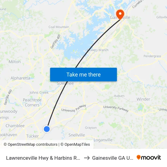 Lawrenceville Hwy & Harbins Rd Ib to Gainesville GA USA map
