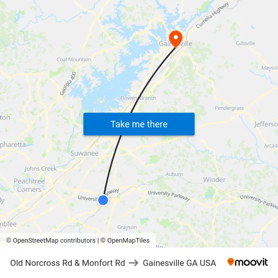 Old Norcross Rd & Monfort Rd to Gainesville GA USA map