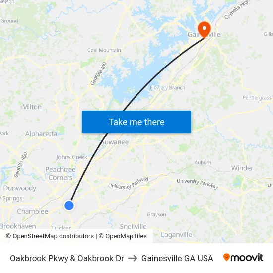 Oakbrook Pkwy & Oakbrook Dr to Gainesville GA USA map