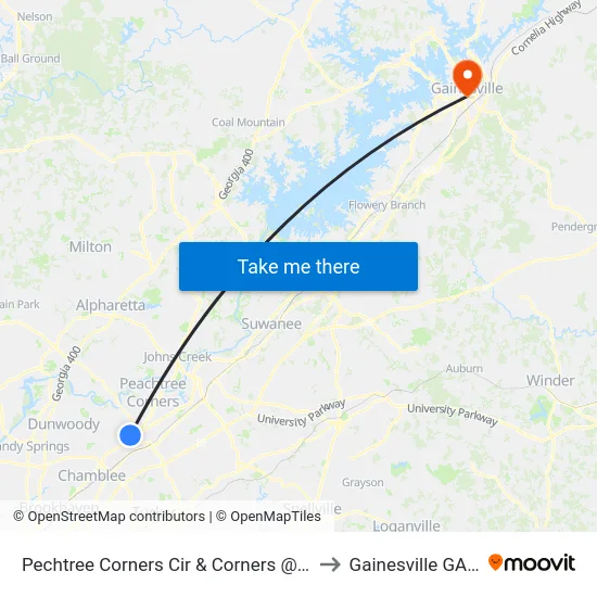 Pechtree Corners Cir & Corners @ 1700 Ap to Gainesville GA USA map