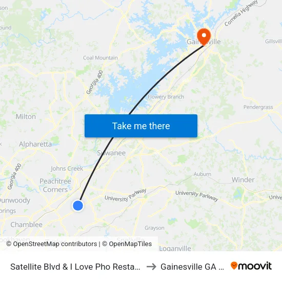 Satellite Blvd & I Love Pho Restaurant I to Gainesville GA USA map