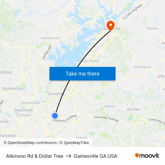 Atkinson Rd & Dollar Tree to Gainesville GA USA map