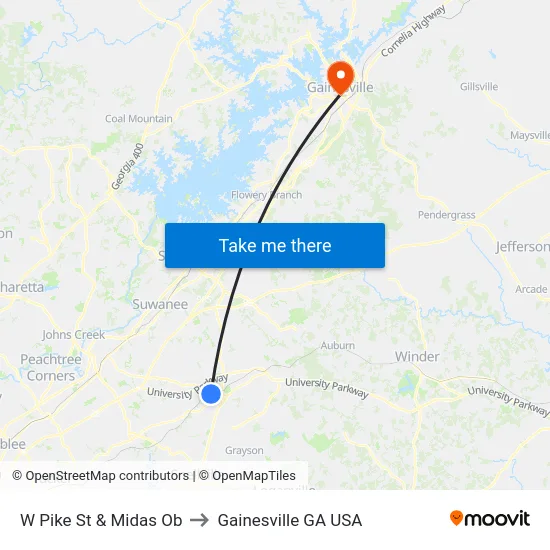 W Pike St & Midas Ob to Gainesville GA USA map