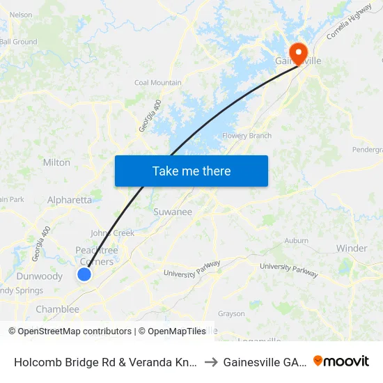 Holcomb Bridge Rd & Veranda Knolls Apts to Gainesville GA USA map