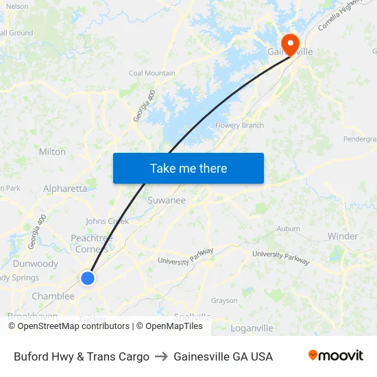Buford Hwy & Trans Cargo to Gainesville GA USA map