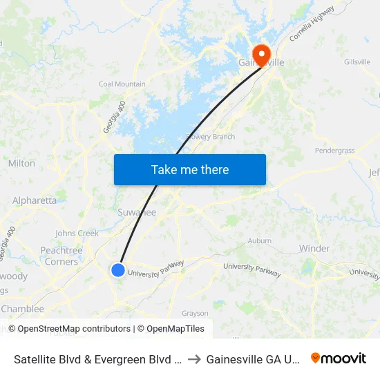 Satellite Blvd & Evergreen Blvd Ib to Gainesville GA USA map