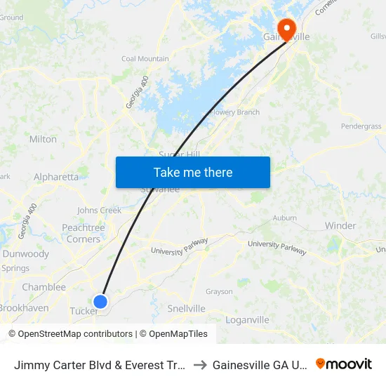Jimmy Carter Blvd & Everest Tr Ob to Gainesville GA USA map