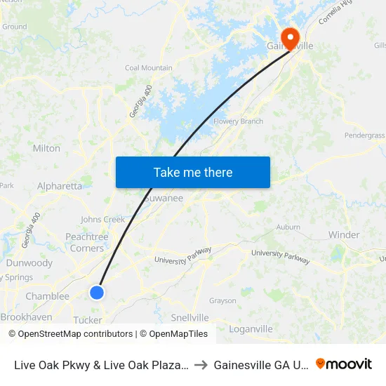 Live Oak Pkwy & Live Oak Plaza Ob to Gainesville GA USA map