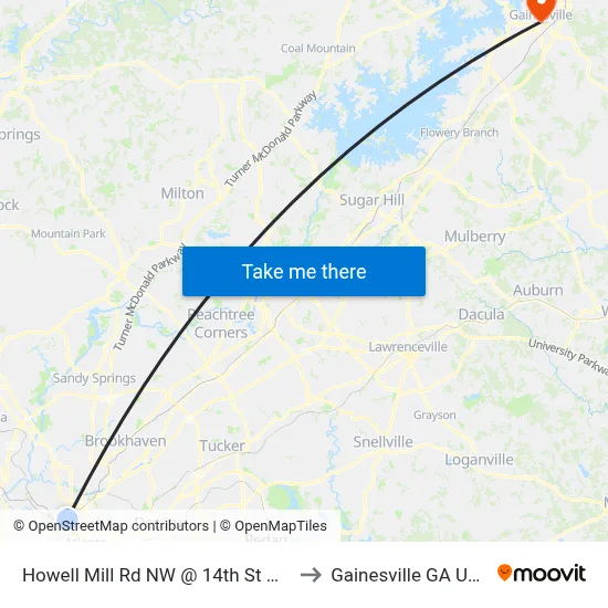 Howell Mill Rd NW @ 14th St NW to Gainesville GA USA map