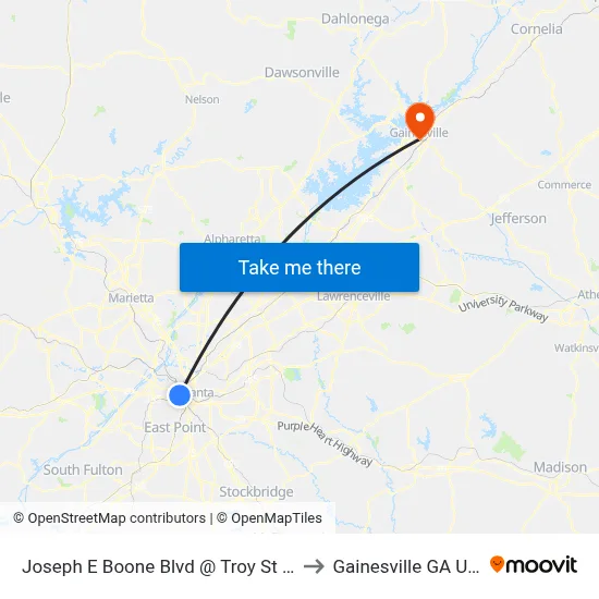 Joseph E Boone Blvd @ Troy St NW to Gainesville GA USA map