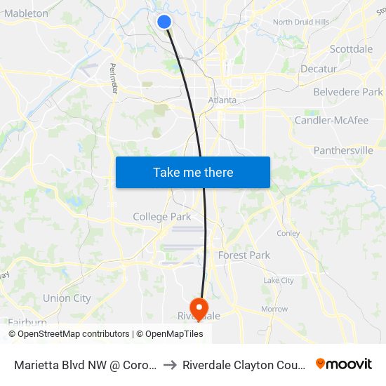 Marietta Blvd NW @ Coronet Way NW to Riverdale Clayton County GA USA map