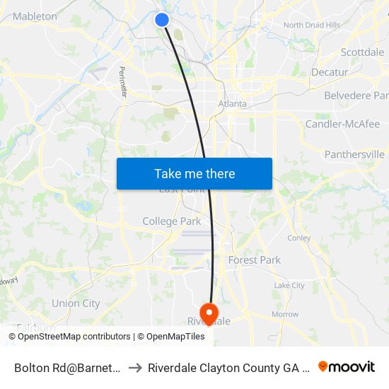 Bolton Rd@Barnett Dr to Riverdale Clayton County GA USA map