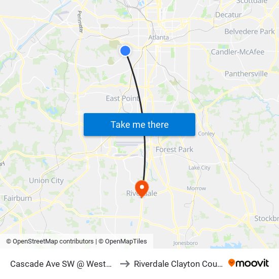 Cascade Ave SW @ Westwood Ave SW to Riverdale Clayton County GA USA map