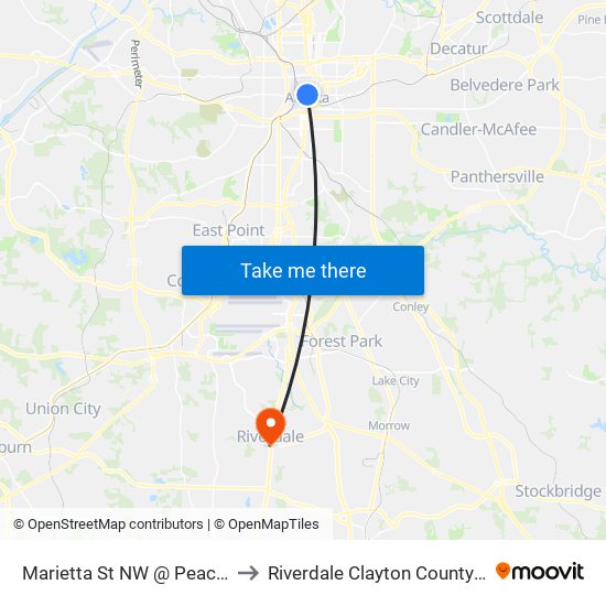 Marietta St NW @ Peachtree St to Riverdale Clayton County GA USA map